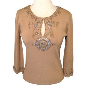 Joseph A. Light Camel Brown Embellished 3/4 Sleeve Blouse Size Large
